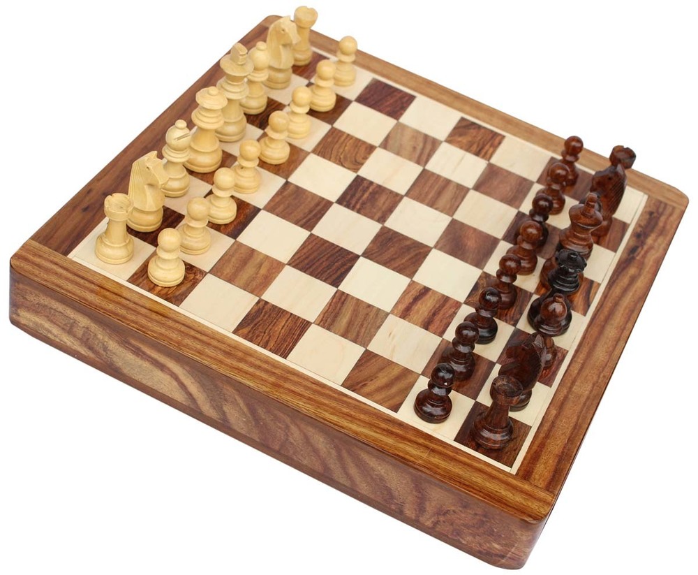 Square Chess Board & Chessmen Set with Storage Drawer - Wooden, 8 Inch Square, Brown | Foldable, Indoor Outdoor, Classical Modern Design