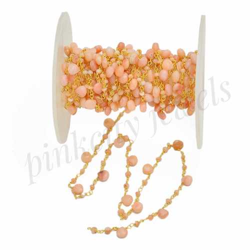 Stone Pink Opal Beaded Rosary Silver Chain