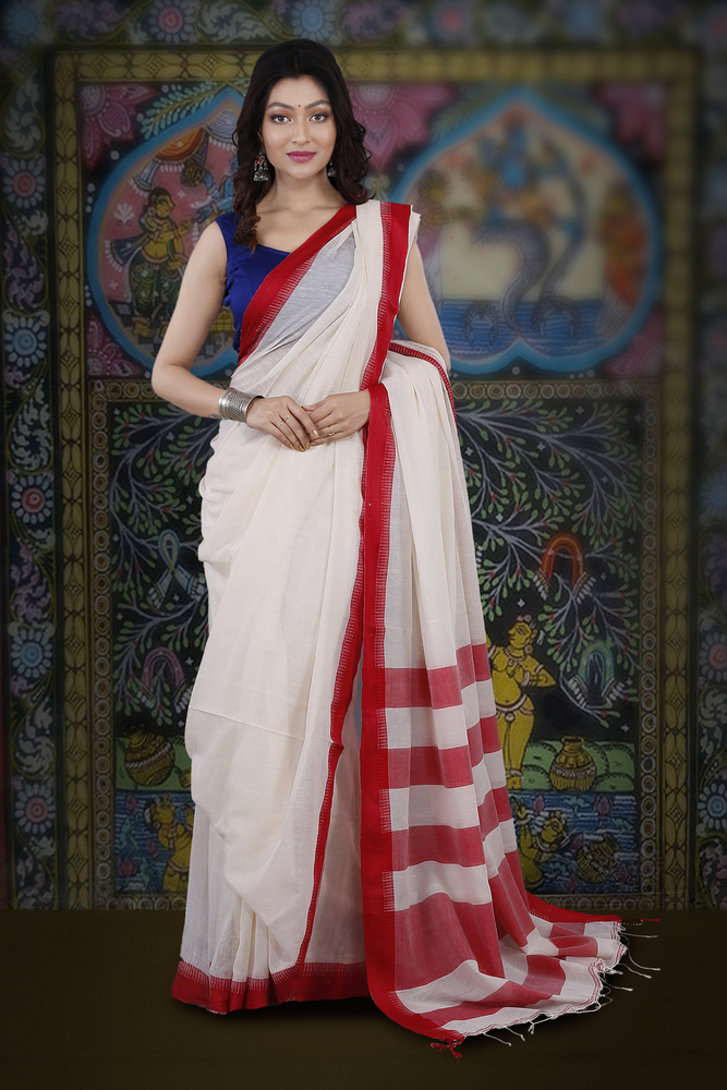 Handwoven Bengal Handloom White And Red Hand Woven Pure Cotton Saree