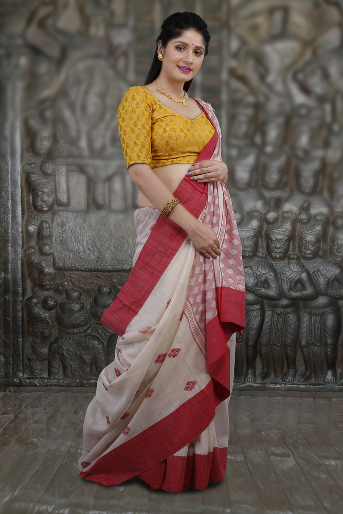 White and Red Hand Woven Pure Cotton Saree