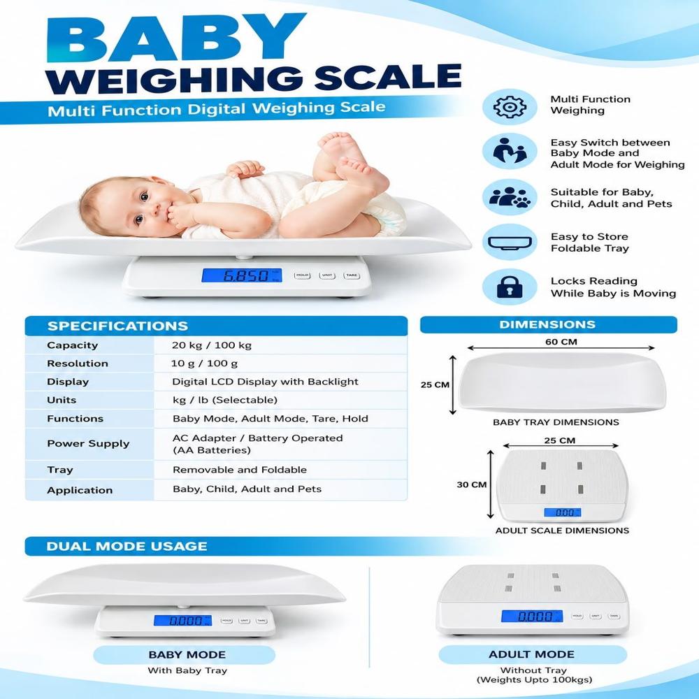 Digital Baby Weighing Machine - ABS Plastic, 560x330 mm, White | High Precision Sensor, Backlit LCD, Tare Function, Auto Power Off