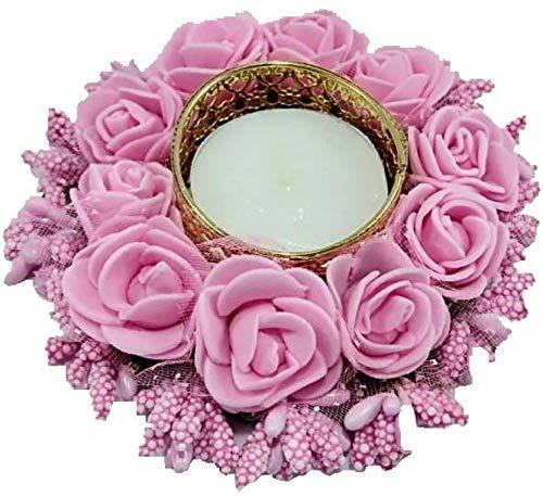 Brass Tealight Holder Set - 0.8x0.6 Inch, Dark Pink Fabric Flower Design for Party and Wedding Decor