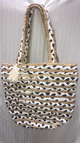 Cream And Black Handcrafted Jute Braided Bags With Hosiery Chindi
