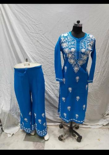 Ladies Cotton Kurti Palazzo Set - Blue, XL to XXL Sizes | Breathable, Cool Pass, Embroidered, Full Sleeves, Summer Casual