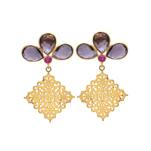 Pear Amethyst Hydro & Pink Cz Gemstone Earrings