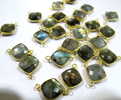 2 Pcs Natural Labradorite Double Loop briolette Connector Cushion Shape Size 11mm