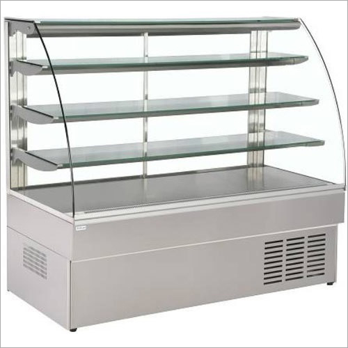 Display Counter - Stainless Steel, Customized Size, Silver Color | Rectangular Shape with Curved Glass for Cafes and Restaurants