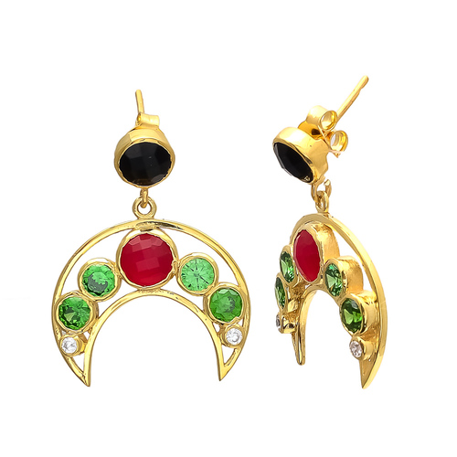 Earrings Black Onyx Peridot Fuchsia & White Cz Gemstone