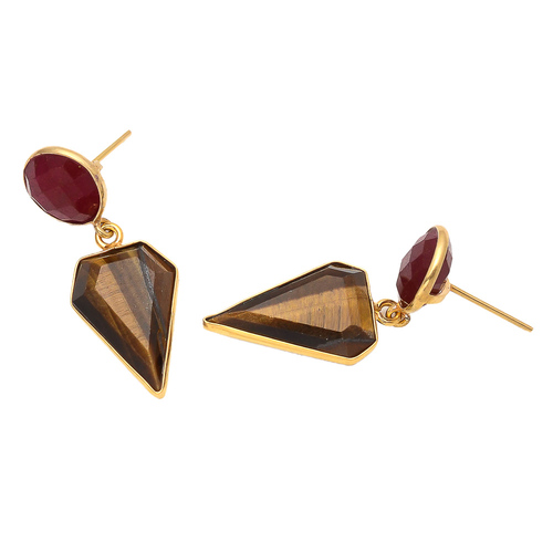 Round Tiger Eye & Dyed Ruby Gemstone Earrings