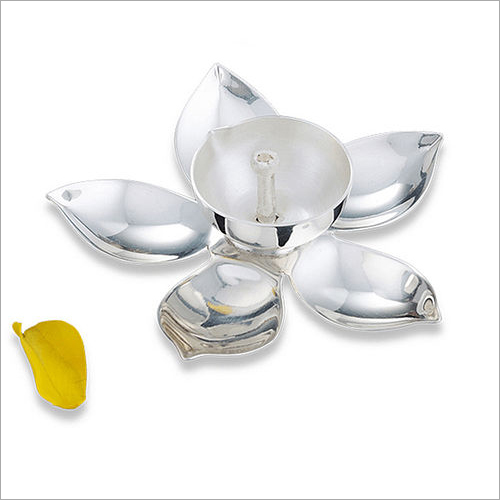 Lotus Shaped Silver Diya - Metal, Polished Finish | Durable, Easy to Clean for Commercial and Residential Use