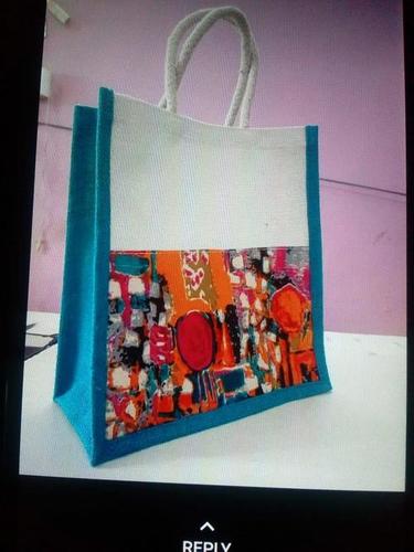 White And Sky Blue Jute Fashion Bags