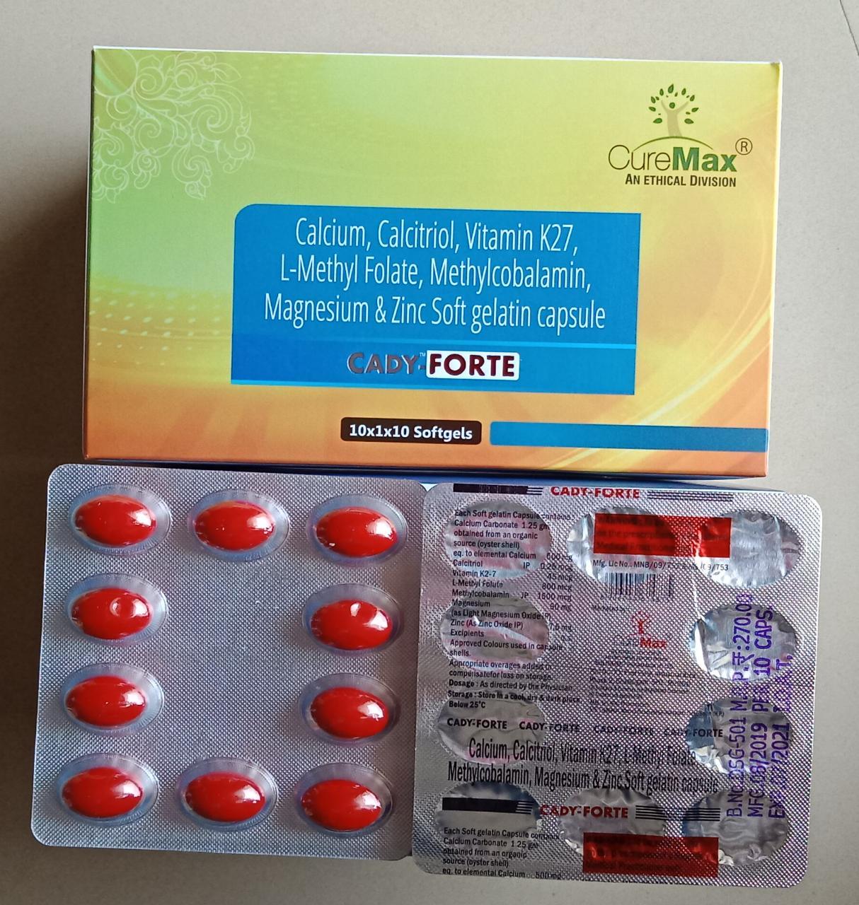 Calcium Carbonate 1.25 gm eq. to elem. Cal. 500 mg, Calcitriol 0.25 mcg, Vitamin K(2-7) 45 mcg, L-MethylFolate 800 mcg, Methylcobalamin 1500 mcg, Magnesium 50 mg, Zinc 7.5 mg