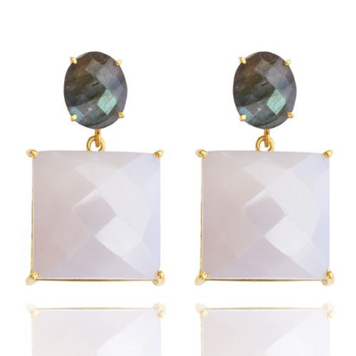 Gemstone Earring - 925 Sterling Silver, 20/8x10mm Milky Chalcedony & Labradorite, Handmade with Gold Plating