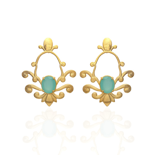 925 Sterling Silver Aqua Chalcedony Gemstone Gold Plated Earring Size: 9X12Mm