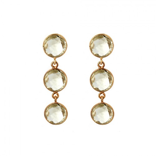 Crystal Quartz Round Gold Plated Sterling 925 Silver Handmade Gemstone Earring Size: 12Mm