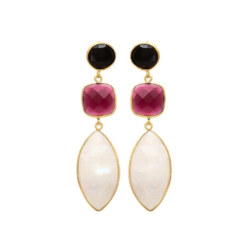 925 Sterling Silver Three Stone Beautiful Colorful Gemstone Handmade Gold Plated Earring Size: 16X30/12/8Mm