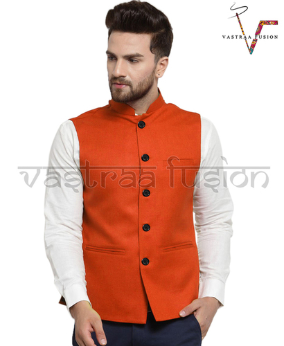 Men Solid Ethnic Wear Orange Nehru Jacket