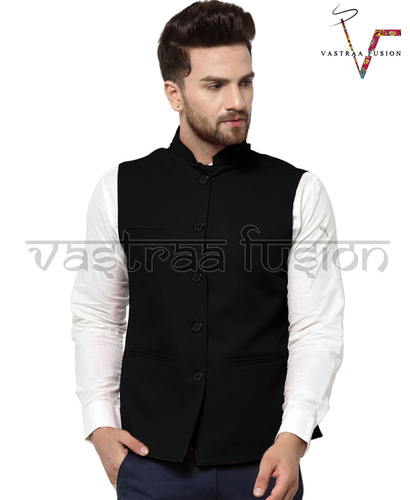 Men Solid Casual Wear Nehru Jacket - Black Colour