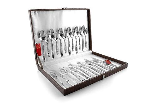 Silver Shapes Oslo 304 Grade 18/10 & Cup Rolled Cutlery Set Of Spoon & Fork 24 Pcs With Gift Box