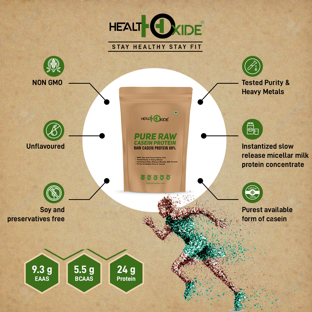 HealthOxide Pure Raw Micellar Casein Protein 80% (Raw & Unflavored / 24 G Protein Per Serving) - 500 gm