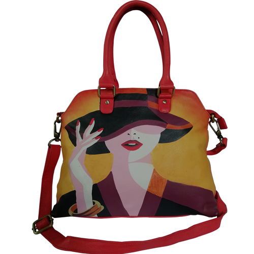 New Hand Painted Leather Shoulder Handbag Design Lady In Hat