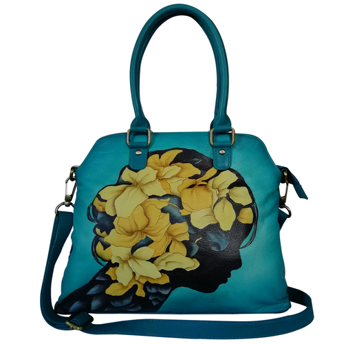 Multi New Hand Painted Leather Shoulder Handbag Design Leaves Teal