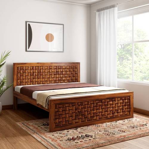 Solid Wood Double Bed - 78x72x43 Inch | Handmade Artwork, Modern Design with Embossed Bamboo Curvy Patterns by Avi Art and Crafts