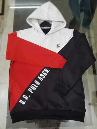 Fleece - Regular Fit Long Sleeve Pullover with Attached Hood Red Color