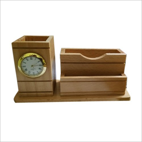 Polished Desktop Wooden Pen Stand With Clock