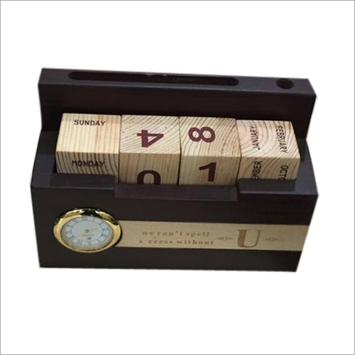 Desktop Wooden Calendar With Clock - Solid Hardwood, Various Sizes Available | Polished Finish, Analog Clock, Ideal for Business Gifts & Home Decor