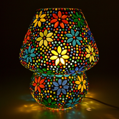 Multi Decent Glass Mosaic Lamp Exclusive Make In India Mushroom Shaped Glass Leafs Design Table Lamp With Multicolour Mosaic Handwork Table Lamp 9"