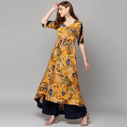 Yellow Printed Ladies Kurta With Palazzo