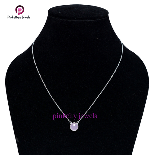 Round Pink Chalcedony 925 Silver Chain Necklace