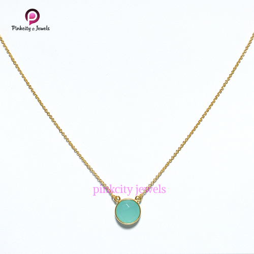 Round Aqua Chalcedony 925 Silver Chain Necklace