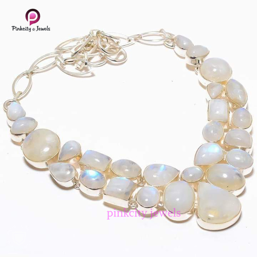 Rainbow Moonstone 925 Silver Necklace Size: Customized