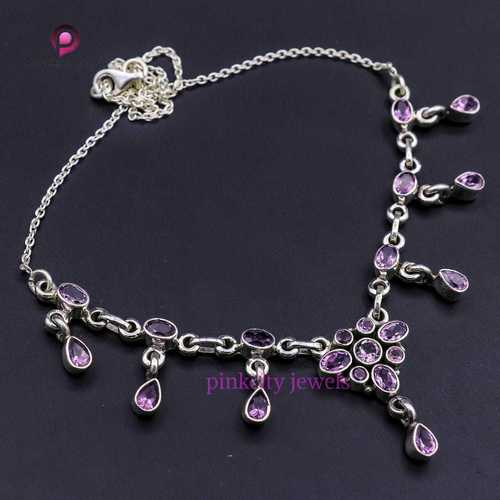 Natural Amethyst 925 Silver Necklace Size: Customized