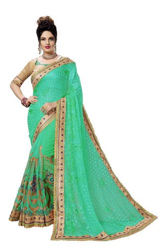Heavy Embroidery Half & Half Saree - Brasso & Net Fabric | Green Color, Unstitched Brocade Blouse, 5.5 Mtr Length, Festive Wear with Animal Pattern Pallu