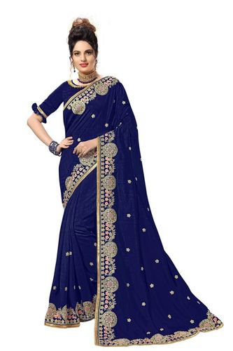 Blue Heavy Embroidery With Sequence Lace Border Saree Collection