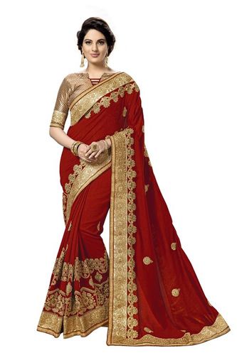 Embroidered Satin Saree - 5.5 Mtr Length with Brocade Blouse | Multicolor, Lace Closure, Festive Occasion, Bollywood Style, Zari Work