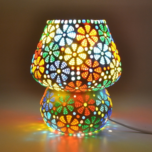 Decent Glass Mosaic Lamp For Home Decor Bed Side Lamp Exclusive Make In India Mushroom Shaped Glass Leafs Design Table Lamp With Multicolour Mosaic Handwork Table Lamp Light Source: Energy Saving