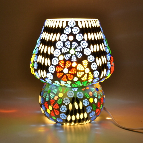 Decent Glass Home Decor Light Glass Handicraft Mosaic Work Table Light Lamp Multi Color Beads with Beautiful Color Combination (17 cm, Multicolor)