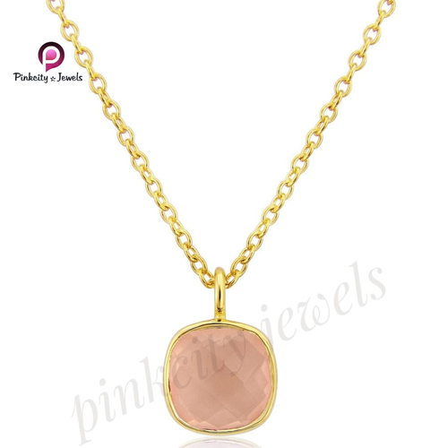Cushion Pink Chalcedony 925 Silver Chain Necklace