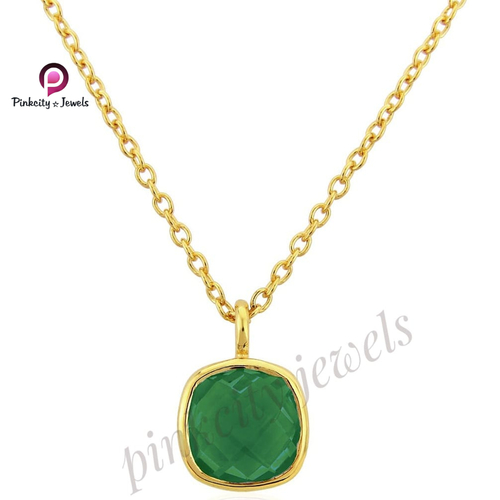 Cushion Green Onyx 925 Silver Chain Necklace