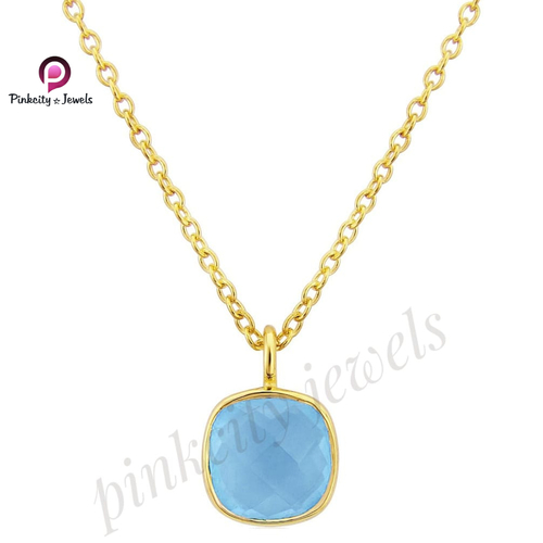 Cushion Blue Chalcedony 925 Silver Chain Necklace