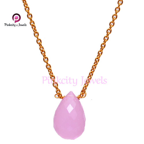 Pink Chalcedony 925 Silver Pendant Necklace Size: 38Cm+ 4 Cm