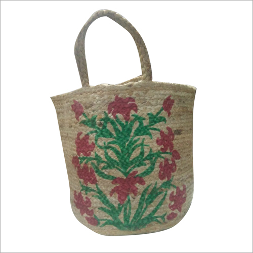 Printed Jute Bag - Jute Material, Custom Sizes Available | Lightweight, U-Shaped Handle, Stylish Red Flower and Green Leaf Pattern, High Tear Resistance