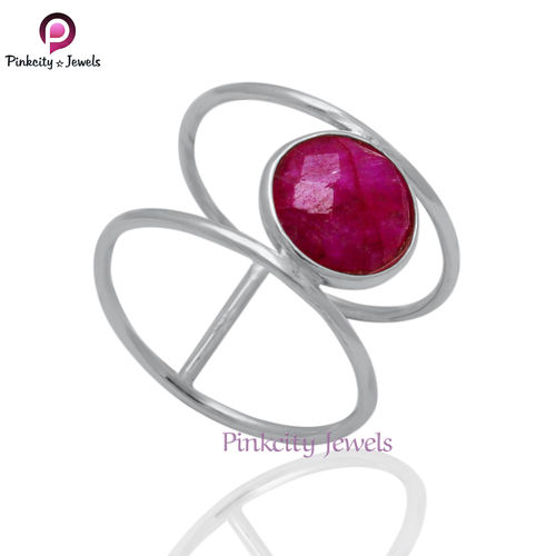 Ruby Faceted Round 925 Silver Ring Size: Customized