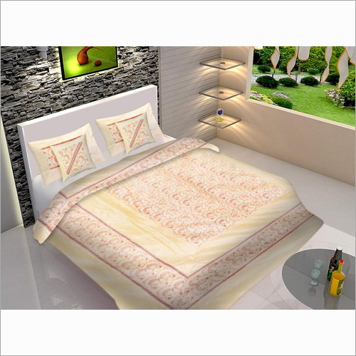 Kashmiri Cream Embroidery Double Bed Sheet - Full Size, Available in Various Colors | Washable Fabric, Elegant Embroidered Design for Home and Hotel Use