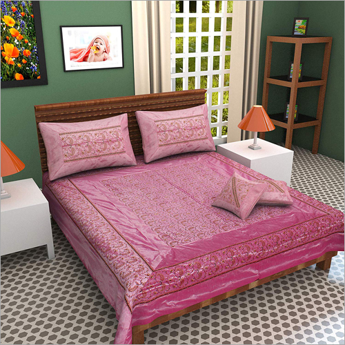 Washable 100% Silk Kashmiri Pink Embroidery Double Bed Sheet