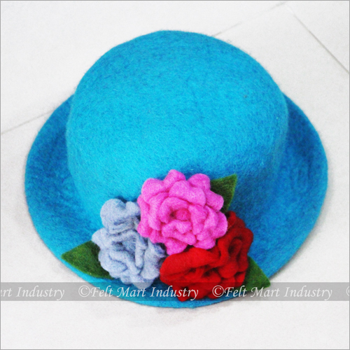 Felt Blue Hat With 3 Flowers